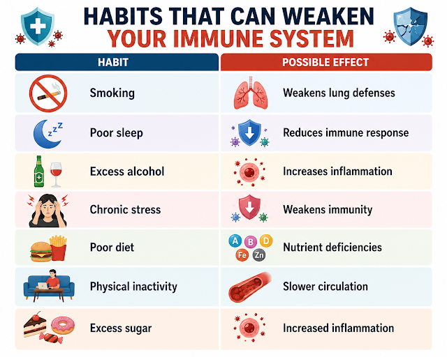 Habits That Weaken Your Immune System Naturally Infographic showing unhealthy habits that weaken the immune system including smoking, poor sleep, stress, poor diet, and excess sugar.