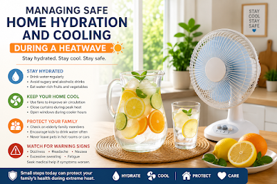 Managing Safe Home Hydration and Cooling During a Heatwave A clean indoor kitchen setting featuring a cold water pitcher with fresh citrus slices alongside an electric cooling fan focused on safe family health guidelines.