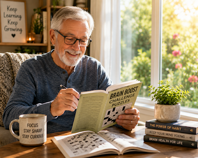 Senior Person Building Cognitive Reserve and Brain Health An active senior sitting comfortably by a sunny window, smiling while solving a challenging puzzle book to build cognitive reserve and support brain longevity.