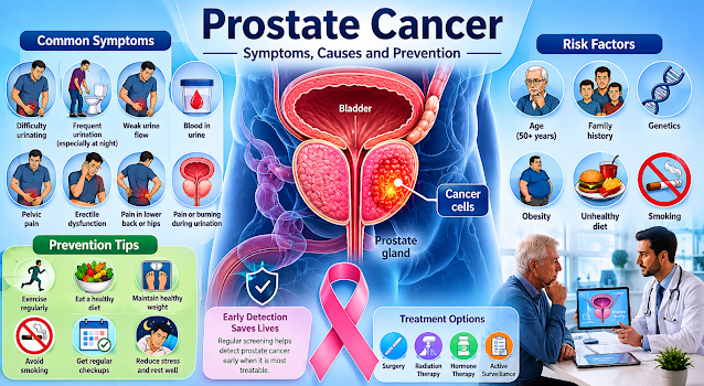 Prostate Cancer: Symptoms, Causes, and Prevention Medical illustration showing prostate cancer awareness and prevention information for men’s health.