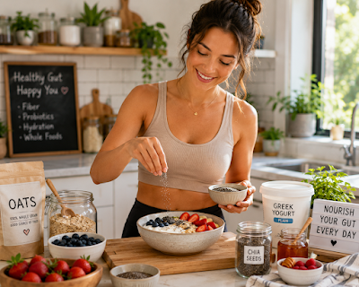 Person Preparing a Rich Prebiotic and Probiotic Meal A person in a modern kitchen assembling a healthy gut-healing breakfast bowl filled with Greek yogurt, fiber-rich oats, berries, and chia seeds.