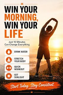 10 Healthy Morning Habits That Can Change Your Life Healthy morning routine with a person drinking water, exercising, and enjoying a peaceful sunrise to start the day positively.