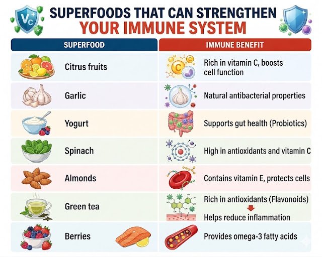 SUPERFOODS THAT CAN STRENGTHEN YOUR IMMUNE SYSTEM An infographic table titled "SUPERFOODS THAT CAN STRENGTHEN YOUR IMMUNE SYSTEM". The layout mirrors the style of "ChatGPT Image 2 يونيو 2026، 03_37_36 م.png", featuring two main columns with rounded card rows. Left Column (SUPERFOOD): Displays illustrative icons and names for Citrus fruits, Garlic, Yogurt, Spinach, Almonds, Green tea, and Berries. Right Column (IMMUNE BENEFIT): Lists the corresponding health benefits alongside medical and scientific graphics, such as "Rich in vitamin C, boosts cell function", "Natural antibacterial properties", "Supports gut health (Probiotics)", "High in antioxidants and vitamin C", "Contains vitamin E, protects cells", "Rich in antioxidants (Flavonoids) / Helps reduce inflammation", and "Provides omega-3 fatty acids". The overall design uses a clean, light background with blue and red header accents.