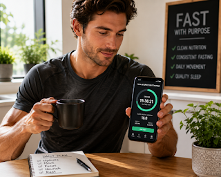 Optimizing Intermittent Fasting Windows for Target Fat Loss A focused person look at a stylish wellness app on their smartphone to track their clean 16:8 intermittent fasting window while enjoying a cup of hot black coffee.
