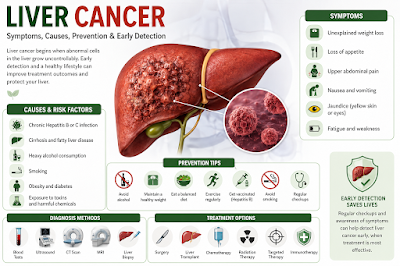 Liver Cancer Symptoms and Prevention Medical infographic about liver cancer symptoms, causes, prevention tips, and early detection with realistic liver illustration