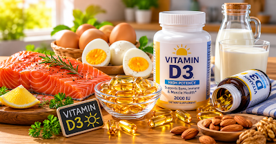Checking Accurate Vitamin D3 Supplements for Safe Nutrition A sunny wooden table presenting a fresh salmon plate alongside boiled eggs and clear Vitamin D3 oil capsules focused on safe hormone nutrition guidelines.
