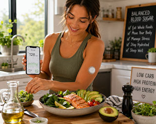 Reversing Type 2 Diabetes via Healthy Metabolic Lifestyle A person using a continuous glucose monitor on their arm while preparing a healthy, low-carbohydrate lunch bowl filled with fresh salmon, avocado, and leafy greens.