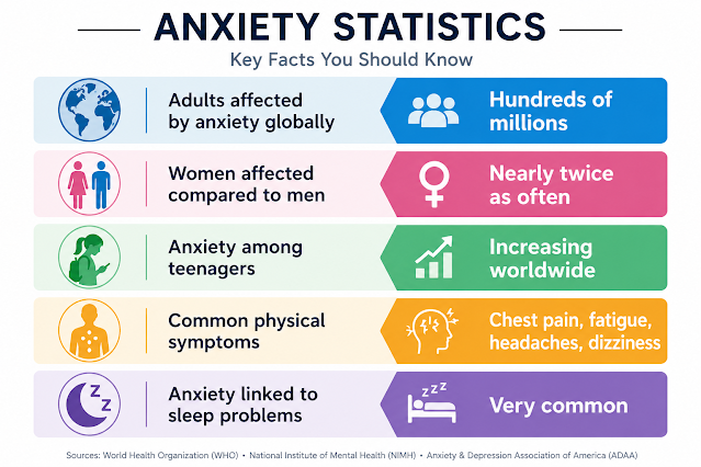 Important Anxiety Disorder Statistics Worldwide (2026) Infographic showing global anxiety disorder statistics including adults affected worldwide, higher anxiety rates in women, rising anxiety among teenagers, common physical symptoms like headaches and chest pain, and the connection between anxiety and sleep problems.