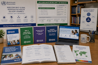 Analyzing WHO Global Reproductive Health Delivery Channels An open medical reference desk presenting detailed textbooks on SDG 3 parameters, maternal healthcare economics, and integrated clinical guidelines.