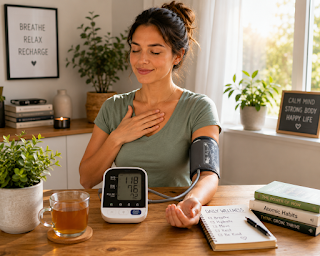 Person Safely Monitoring and Lowering Blood Pressure A relaxed individual sitting comfortably at a table, using an automatic digital blood pressure monitor on their arm while practicing calm breathing exercises.