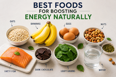 Best Foods for Boosting Energy Naturally Healthy energy-boosting foods like oats, bananas, eggs, nuts, and vegetables displayed on a table.