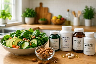 Checking Safe Dietary Supplements for Optimal Health Management A modern kitchen setup displaying a fresh green spinach bowl alongside almonds and mineral supplement bottles focused on improving daily nutrition guidelines.