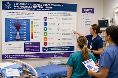 Deploying Calibrated Drape Standards for Advanced Maternal Safety A modern hospital delivery setting displaying an interactive chart detailing calibrated blood loss drapes and the MOTIVE treatment sequence for postpartum response.