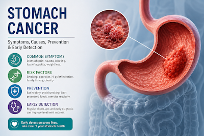 Stomach Cancer Symptoms, Causes, Prevention & Early Detection Medical infographic showing stomach cancer symptoms, causes, prevention tips, and early detection with detailed stomach illustration