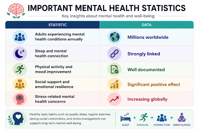 Important Mental Health Statistics and Daily Wellness Insights Infographic showing key mental health statistics, including the impact of sleep, physical activity, social support, and stress on emotional well-being.