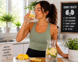 Maintaining Optimal Hydration to Support Kidney Health A healthy individual standing in a bright kitchen, drinking a large glass of filtered water infused with fresh lemon slices to support kidney function and prevent stone formation.