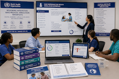 Reviewing Interactive WHO Medical Simulation Interfaces A modern educational medical seminar highlighting text-books and digital learning platforms mapping out clinical checklists for comprehensive reproductive healthcare training.