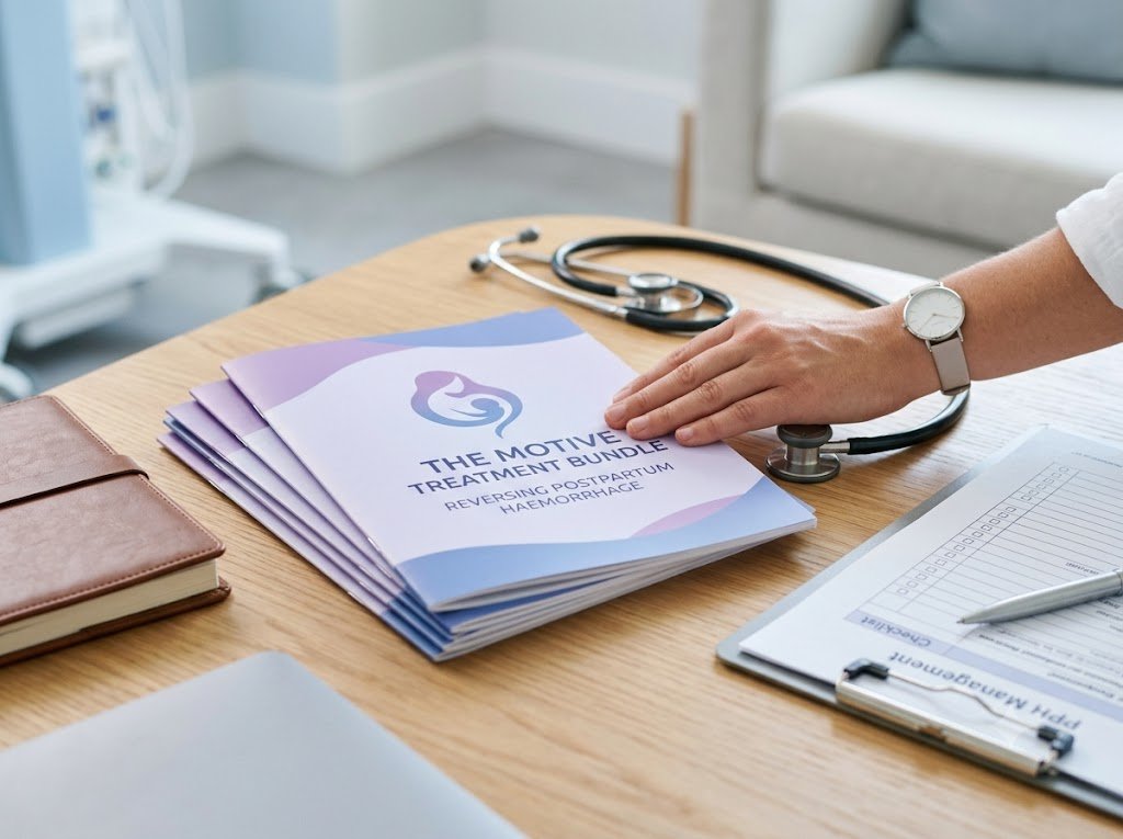 A professional and supportive maternal health setting with a warm wooden table holding a stethoscope, a medical clipboard, and a symbolic purple ribbon for maternal wellness.