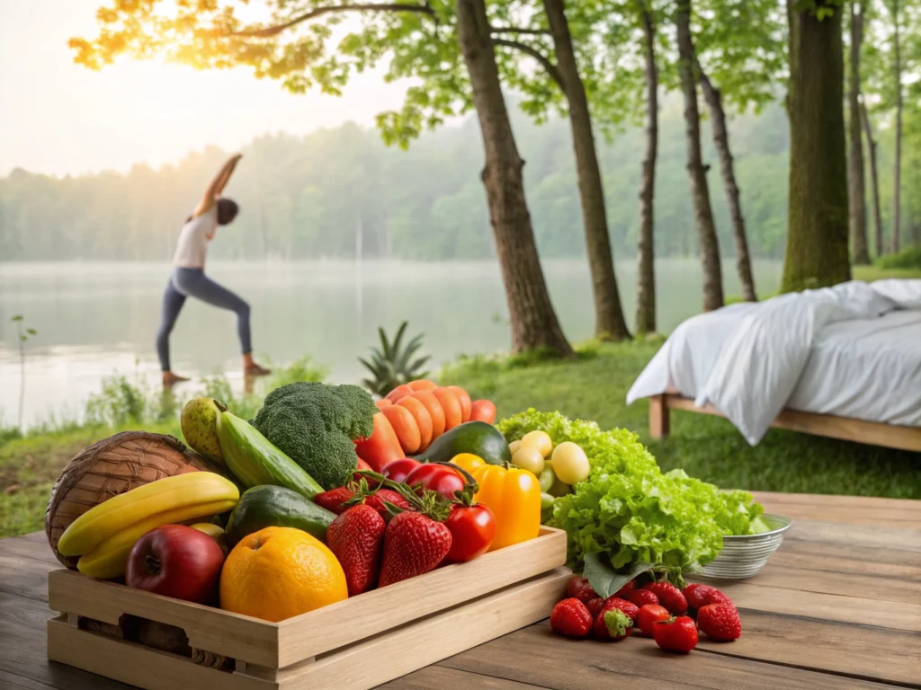 A shirtless fit man looking healthy, surrounded by floating ginger root and broccoli florets, representing natural habits to boost immune system
