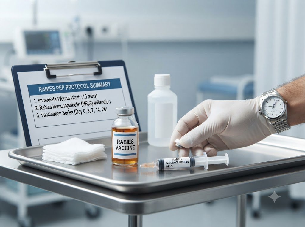Professional medical setting representing rabies prevention, showing clinical wound care supplies and a symbolic vaccine or prophylactic kit to emphasize emergency PEP protocols.