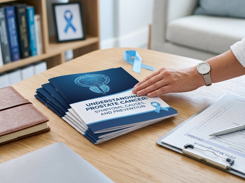 A professional men health wellness setting featuring a light blue awareness ribbon, a stethoscope, and healthy superfoods for prostate health.