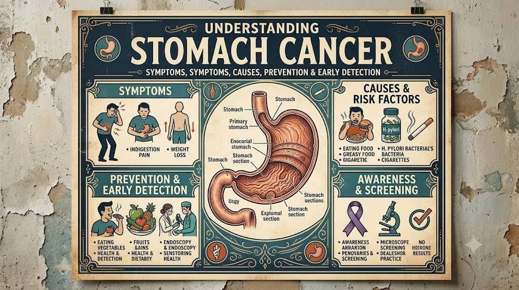 Detailed 1930s-style educational infographic poster titled 'STOMACH CANCER' covering symptoms, causes, prevention, and early detection with a medical diagram and specific illustrations of risk factors like H. pylori and smoking, and preventative measures.