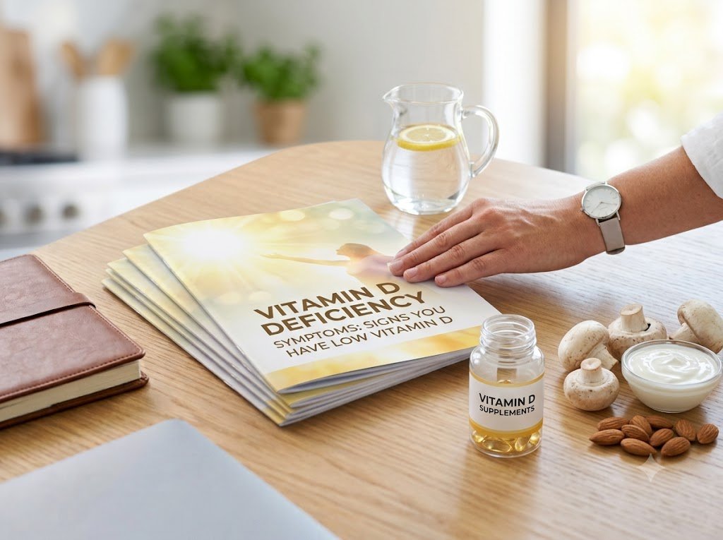 A helpful and supportive health setting with a warm wooden table holding a Vitamin D booklet, a bottle of supplements, and a symbolic orange ribbon for overall wellness