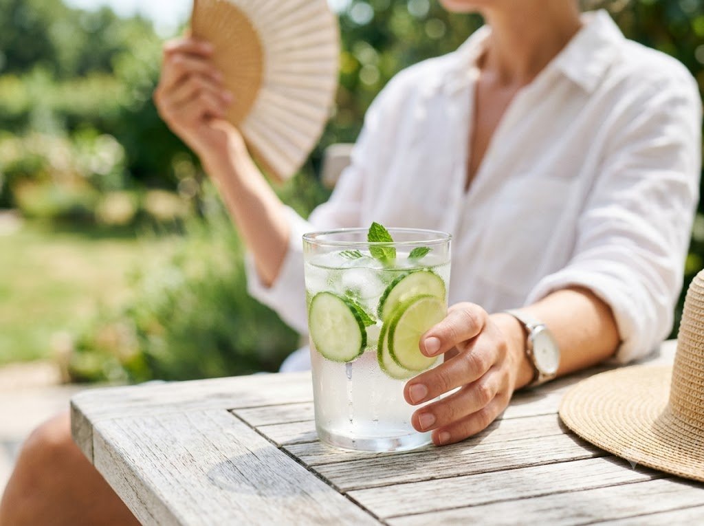A refreshing summer wellness scene with a cold glass of infused mint water, ice cubes, and fresh slices of cucumber and lime on a bright table.