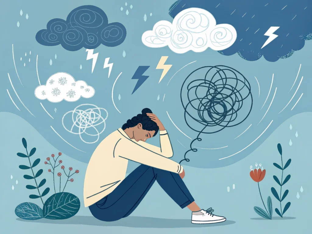 A stylized digital illustration showing a person with their head in their hands, surrounded by mental clutter including rain clouds, lightning bolts, and large tangled scribbles, symbolizing anxiety and emotional exhaustion from chronic overthinking.