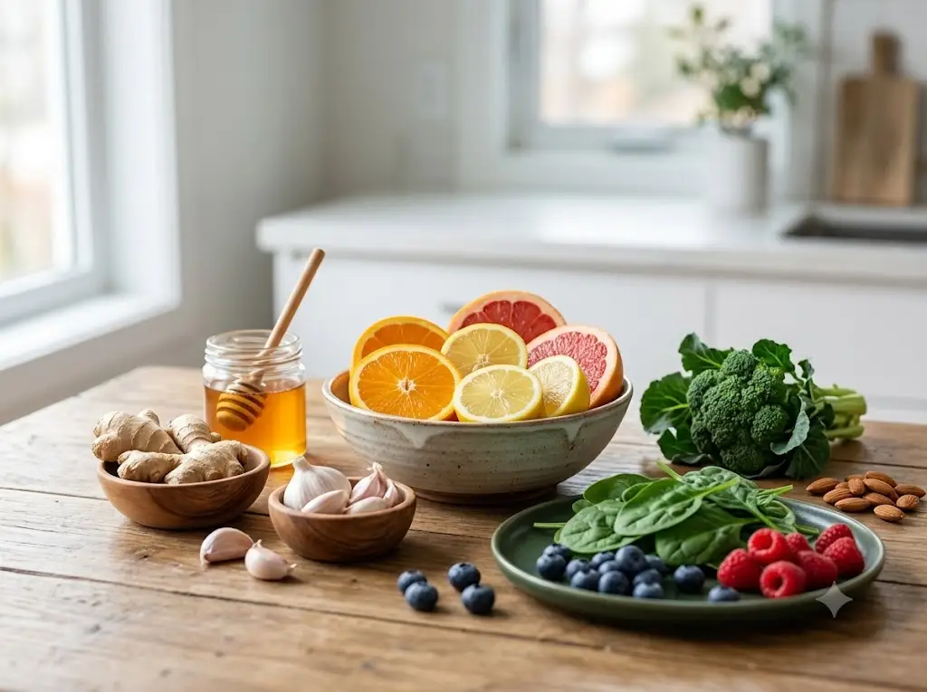 A selection of natural immune-boosting superfoods including citrus fruits, ginger, garlic, and honey on a wooden table.