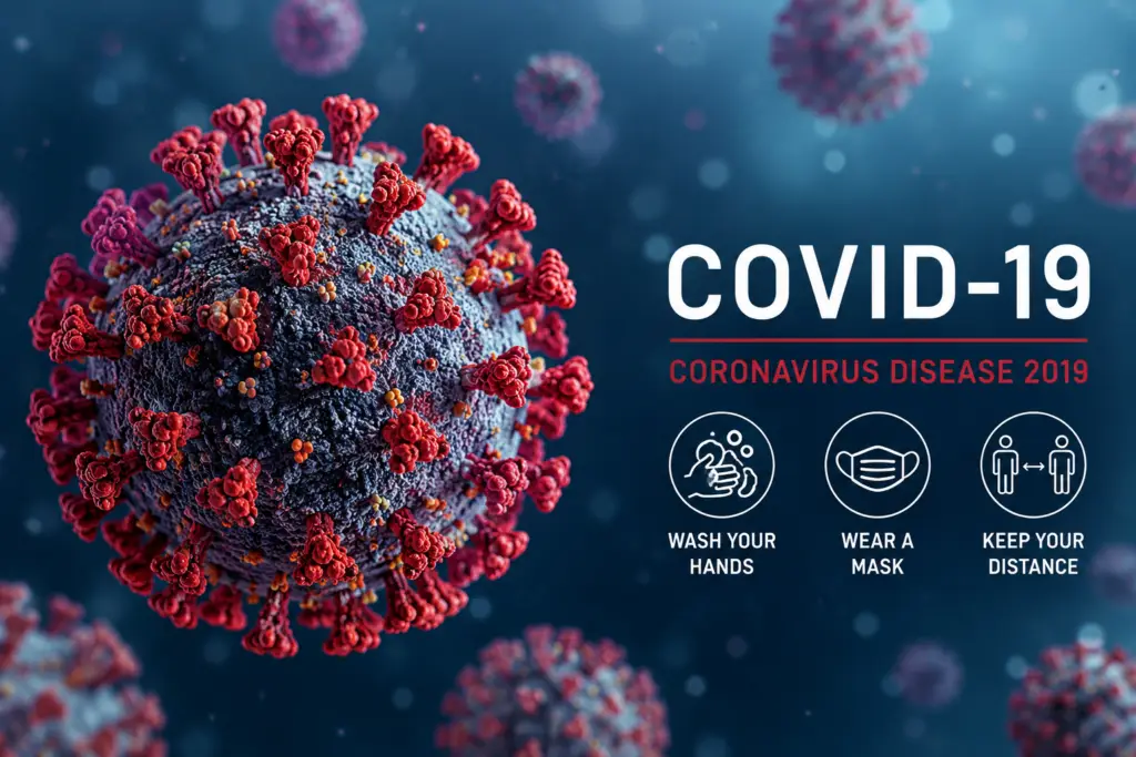 A graphical representation of the SARS-CoV-2 virus alongside icons indicating public health mitigation measures like washing hands, wearing a mask, and keeping distance.