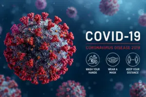 A graphical representation of the SARS-CoV-2 virus alongside icons indicating public health mitigation measures like washing hands, wearing a mask, and keeping distance.