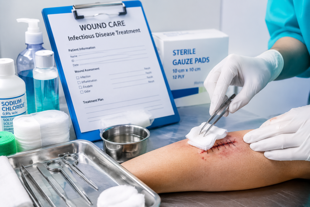 A medical context representing clinical care for infectious skin conditions, featuring sterile wound dressing materials and professional medical equipment.