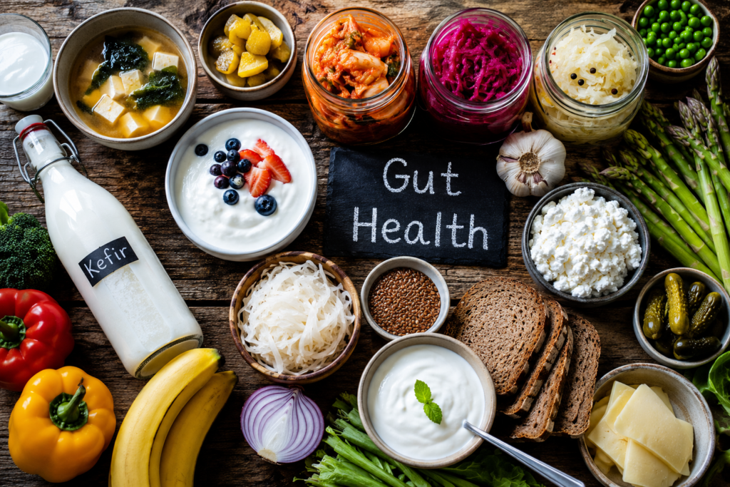 A variety of gut-healthy fermented foods like yogurt, kimchi, and kefir on a wooden table, representing science-backed gut health optimization.
