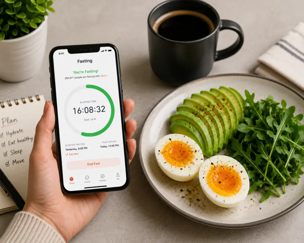 A healthy meal, clock, measuring tape, and water bottle illustrating intermittent fasting, healthy eating, and sustainable fat loss for beginners.