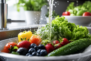 Fresh fruits and vegetables being washed under clean running water for cyclosporiasis prevention and food safety.