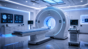 A modern GE Revolution CT scanner machine inside a clinical hospital room for advanced medical imaging.