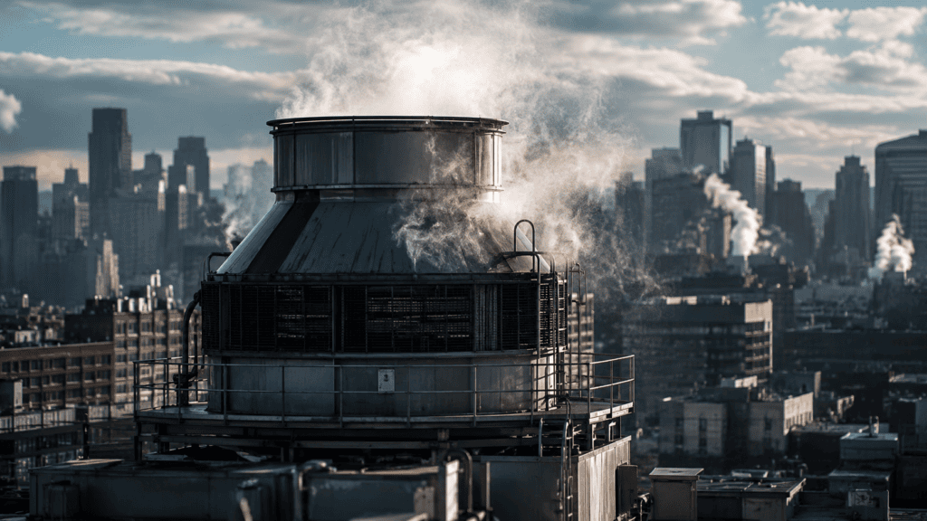 A cinematic view of an urban cooling tower on a building rooftop emitting mist, illustrating the environmental source of the 2026 Legionnaires' disease outbreak.