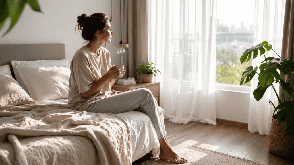 person feeling tired after 8 hours of sleep sitting on bed in morning light