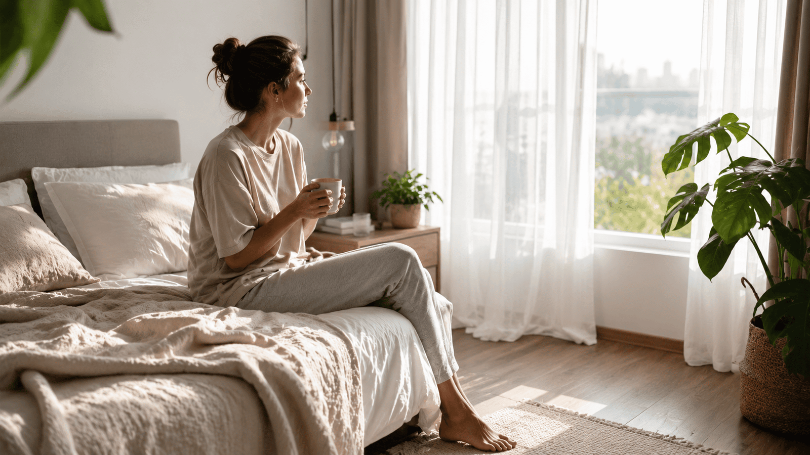person feeling tired after 8 hours of sleep sitting on bed in morning light