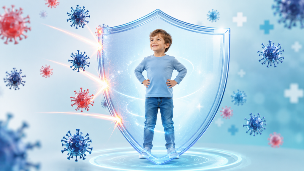 Illustration of MMR vaccine protection against measles virus outbreak