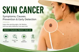 An educational graphic highlighting skin cancer symptoms, causes, prevention, and early detection, featuring a person with a skin spot under examination.