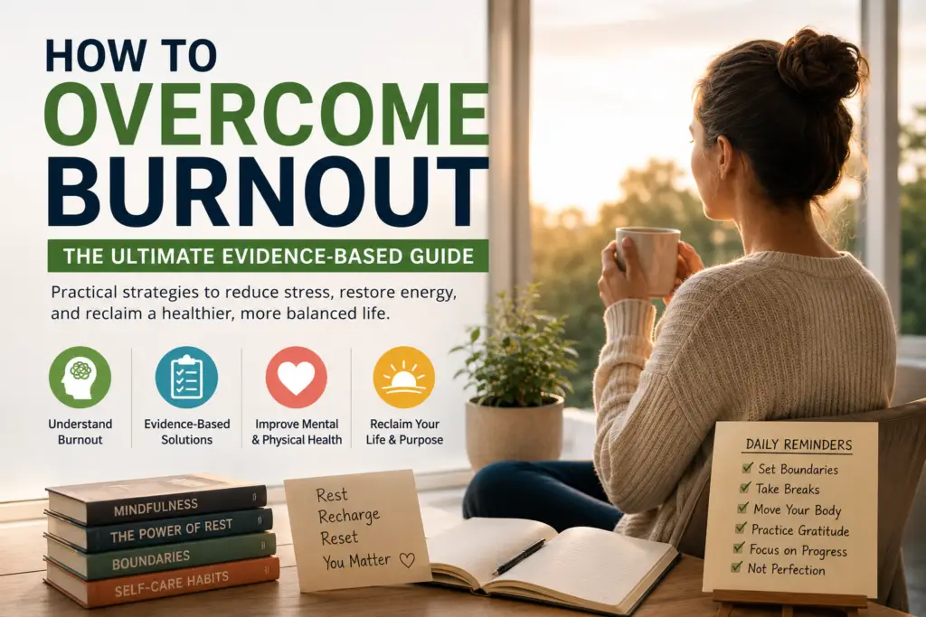 A person relaxing with a cup of tea beside a journal, illustrating burnout recovery, stress management, mindfulness, and mental wellness.