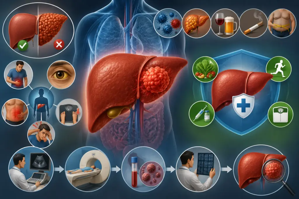 Illustration showing liver anatomy with highlighted liver tumor, emphasizing liver cancer awareness, early detection, and prevention.