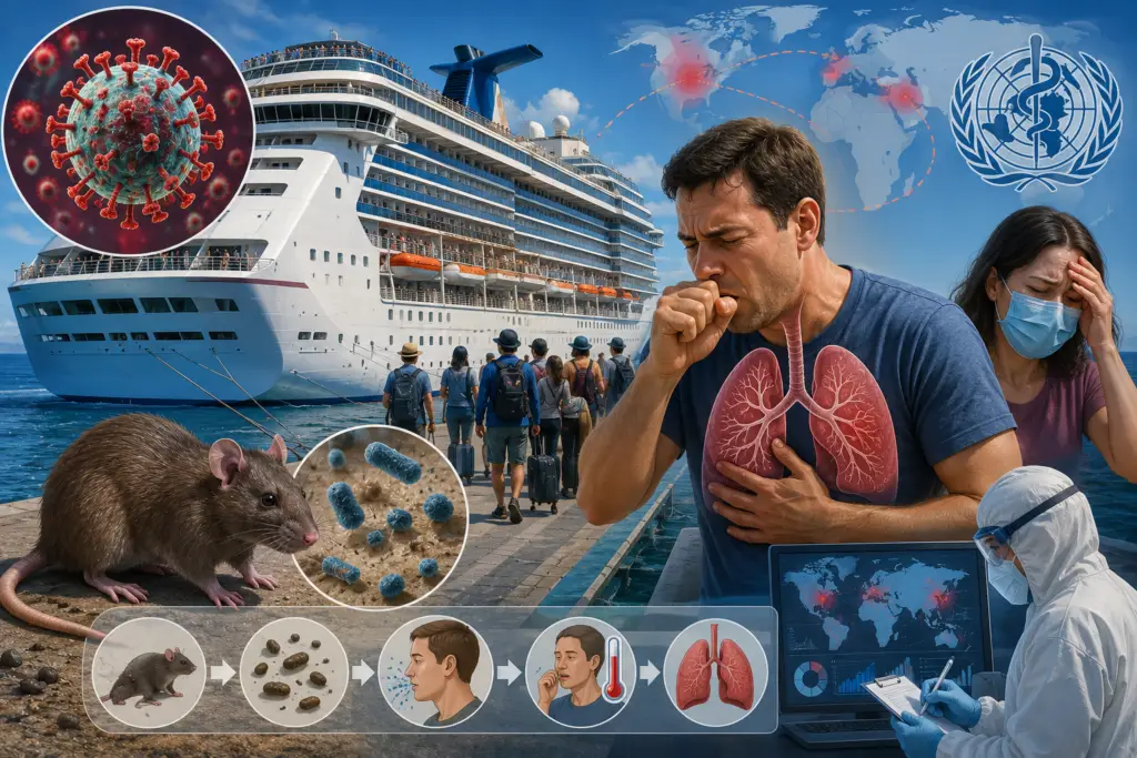 Medical illustration representing a hantavirus outbreak linked to cruise ship travel, showing a cruise ship, rodent exposure, virus particles, and public health monitoring.