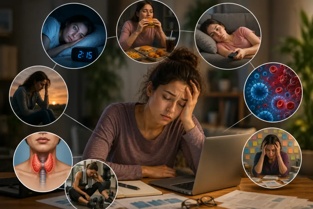 A tired woman sitting at a desk with her head in her hand while surrounding illustrations represent common hidden causes of fatigue, including poor sleep, stress, unhealthy diet, thyroid problems, illness, lack of exercise, and burnout.