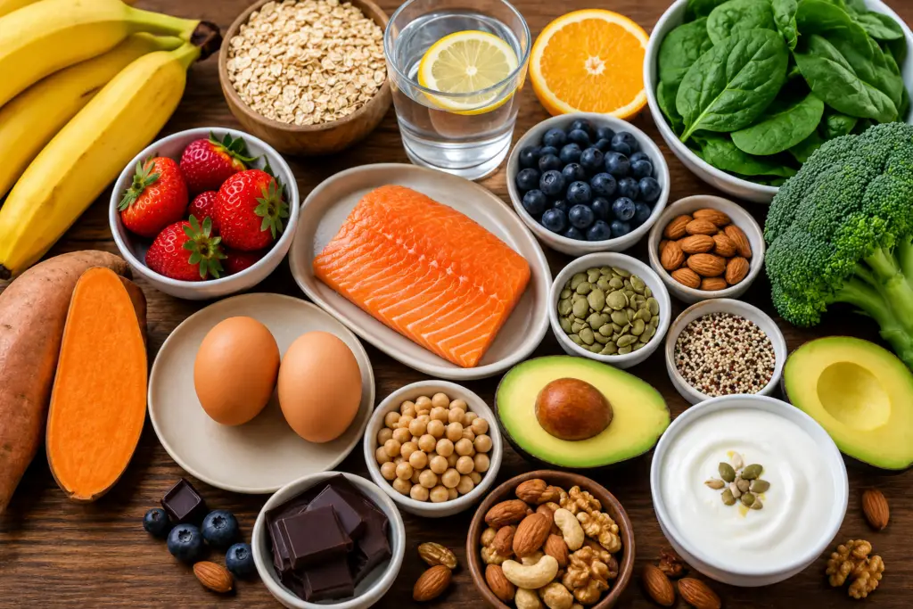 A colorful selection of natural energy-boosting foods, including bananas, oats, eggs, salmon, berries, spinach, nuts, seeds, yogurt, and avocados, arranged on a healthy wooden table.