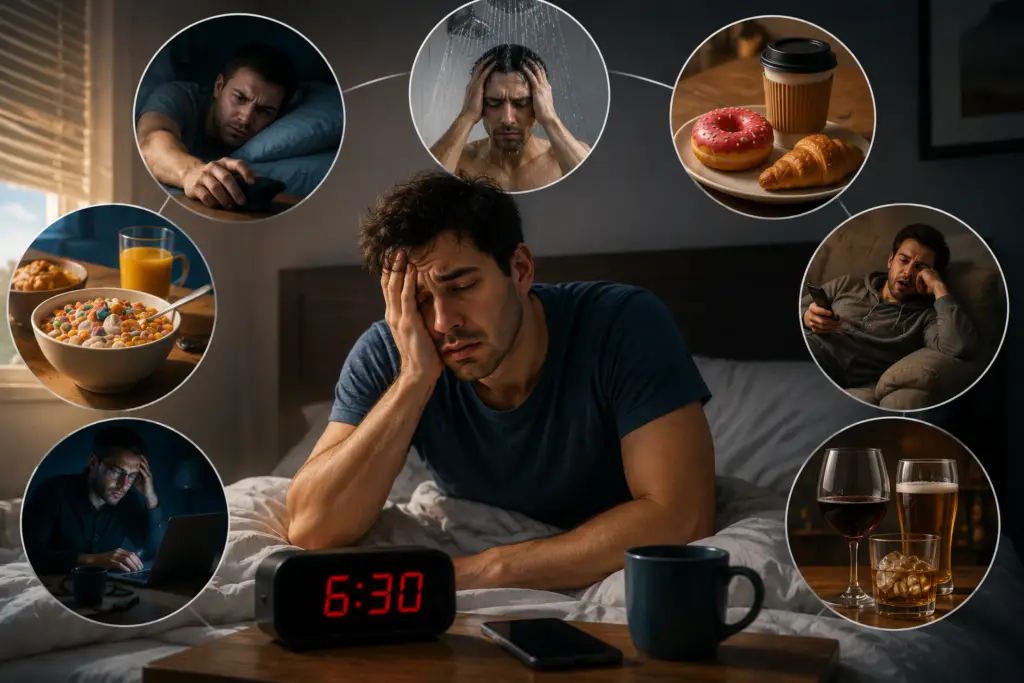 Healthy adult waking up feeling exhausted in bed while morning sunlight shines through the window, with healthy breakfast foods, water, and a clock symbolizing energy-boosting morning habits.