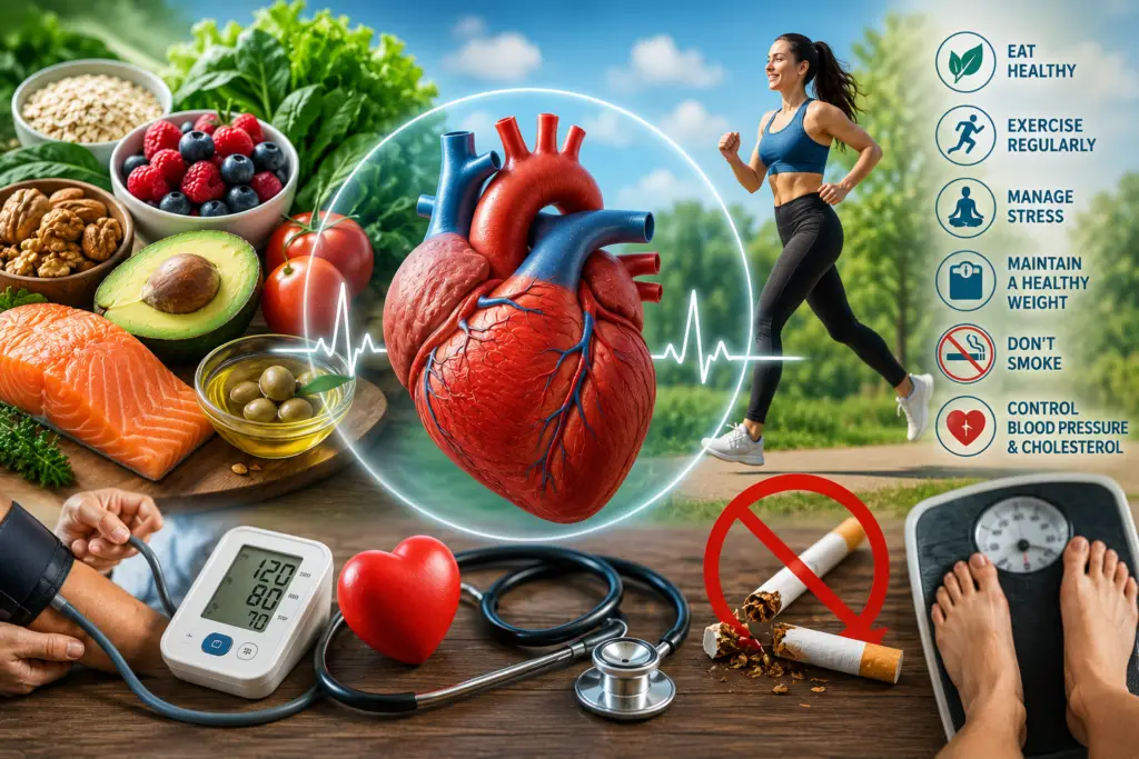 Heart-healthy lifestyle illustration featuring nutritious foods, regular exercise, blood pressure monitoring, healthy weight management, smoking cessation, and a realistic human heart representing cardiovascular disease prevention.