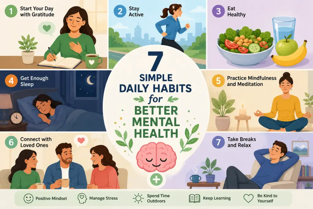 Illustration showing seven simple daily habits that support better mental health, including exercise, healthy eating, quality sleep, mindfulness, gratitude, social connection, and relaxation in a calm, uplifting environment.
